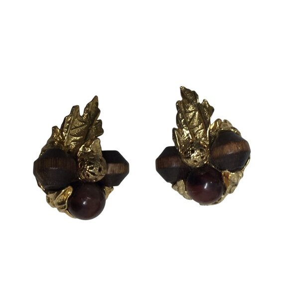 Women's Gold tone and Brown Shiny Acorn Clip on Earrings - Picture 1 of 5
